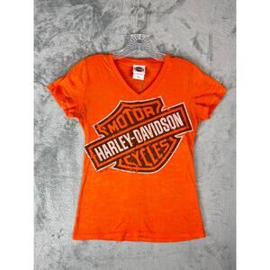Harley Davidson Hoosier Elkhart‎ Indiana Burnout TShirt Top Orange Medium Biker